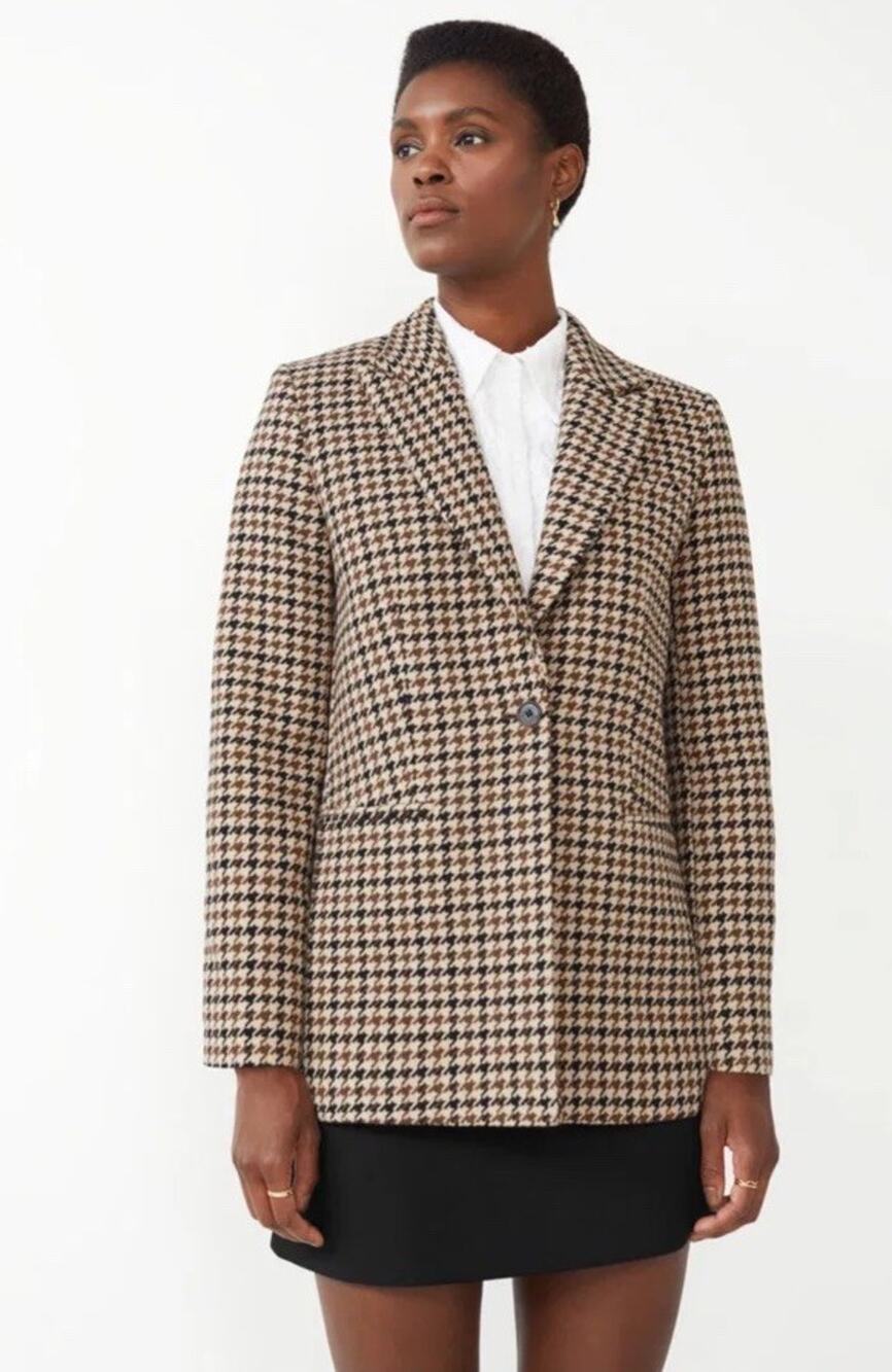 NWT & Other Stories Single Button Tweed Houndstooth Wool Blazer US 2